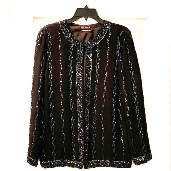 Beaded Black Chiffon Evening Jacket - Size M - Picture 1 of 5